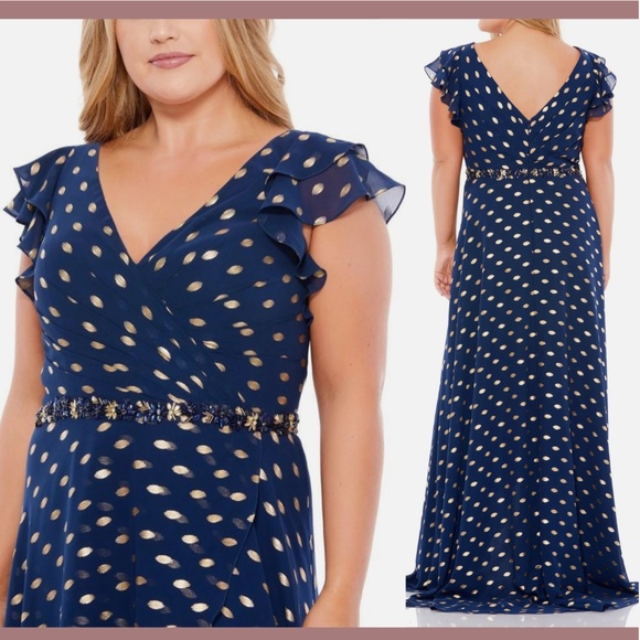 NWT Mac Duggal [ PLUS 14W ] Polka Dot Faux Wrap Ruffled Cap Sleeve Gown Blue GLD
